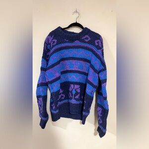 Vintage 90s Amos & Andes Wool Sweater | Chunky Hand Knit Geometric Pullover
